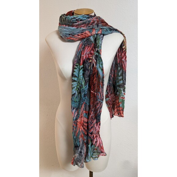 RIU Paris Women's Rectangular Multicolored Leaf Print Cotton Crinkle Long Scarf - Picture 3 of 8